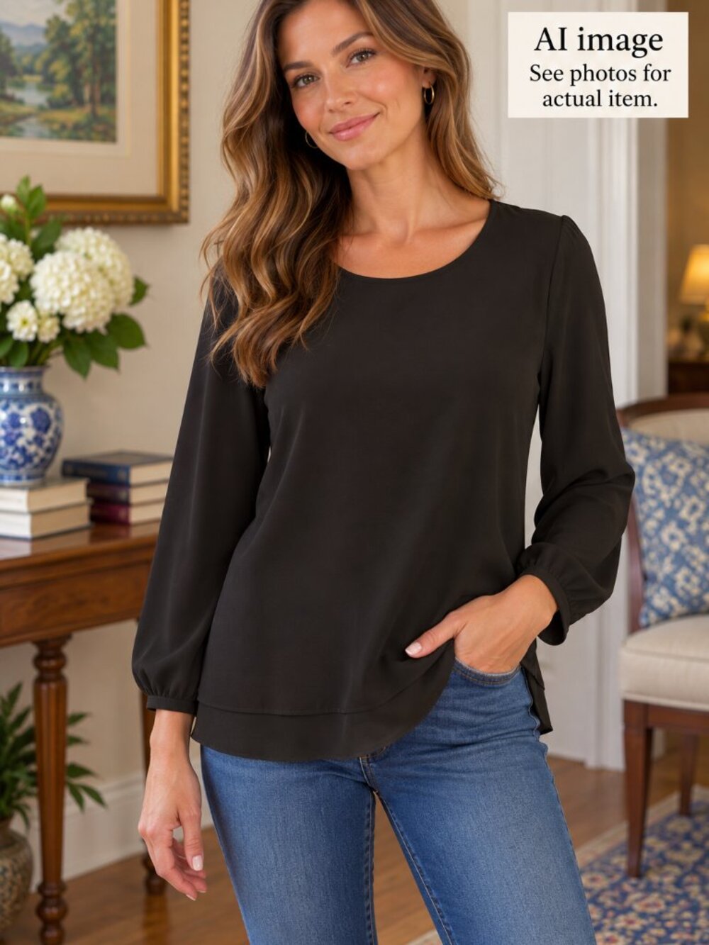 Laura Black Women’s Long Sleeve Layered Crewneck Top - Like New